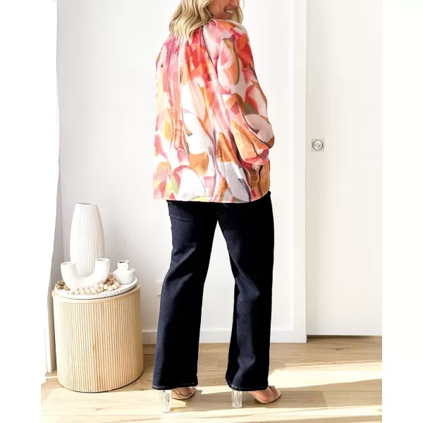 imagechouyatou Womens Boho Colorful Lantern Long Sleeve Button Down Floral Print Oversized Blouse Shirt TopsOrange