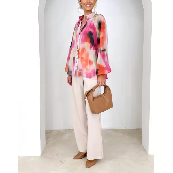 imagechouyatou Womens Boho Colorful Lantern Long Sleeve Button Down Floral Print Oversized Blouse Shirt TopsRose Red