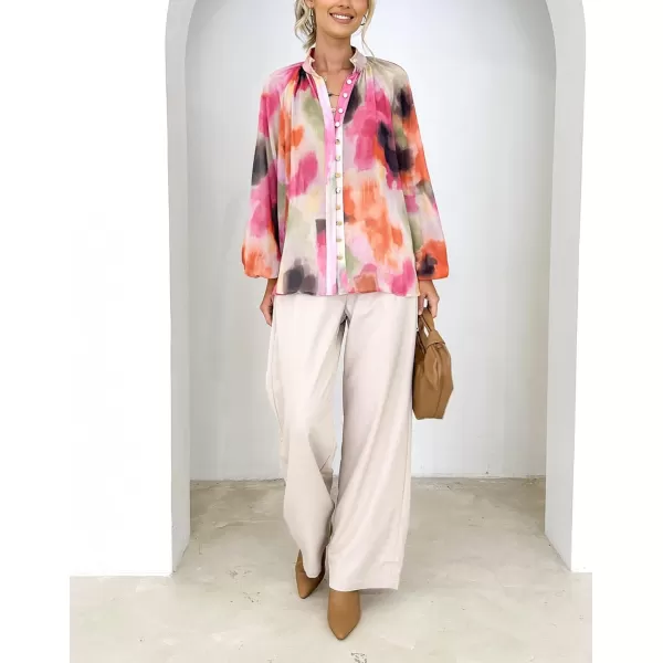 imagechouyatou Womens Boho Colorful Lantern Long Sleeve Button Down Floral Print Oversized Blouse Shirt TopsRose Red