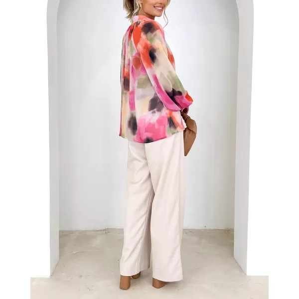 imagechouyatou Womens Boho Colorful Lantern Long Sleeve Button Down Floral Print Oversized Blouse Shirt TopsRose Red