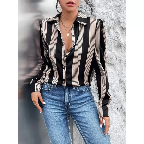 imagechouyatou Womens Button Down Floral Stripe Shirt Long Sleeve Lapel V Neck Loose Casual Work Blouse TopStripe Black
