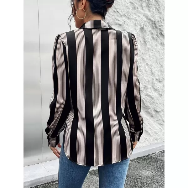 imagechouyatou Womens Button Down Floral Stripe Shirt Long Sleeve Lapel V Neck Loose Casual Work Blouse TopStripe Black