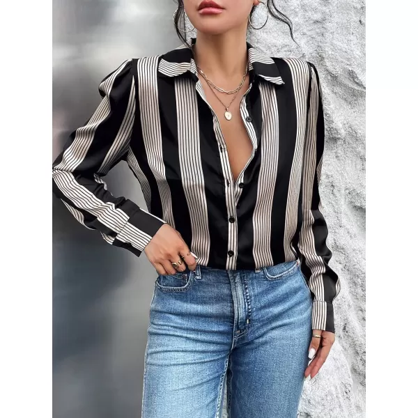 imagechouyatou Womens Button Down Floral Stripe Shirt Long Sleeve Lapel V Neck Loose Casual Work Blouse TopStripe Black