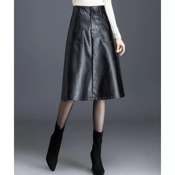 imagechouyatou Womens Casual High Waist Pu Leather Skirts ALine Faux Leather Midi Long Skirt with PocketsBlack
