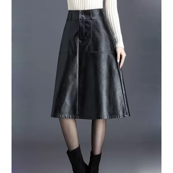 imagechouyatou Womens Casual High Waist Pu Leather Skirts ALine Faux Leather Midi Long Skirt with PocketsBlack