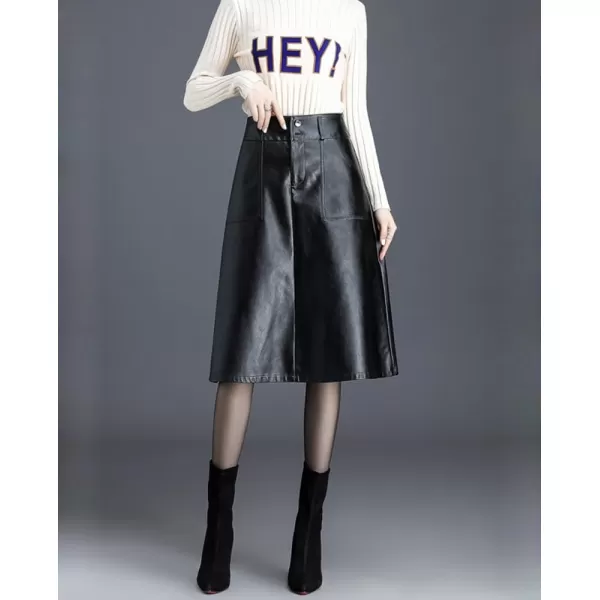 imagechouyatou Womens Casual High Waist Pu Leather Skirts ALine Faux Leather Midi Long Skirt with PocketsBlack