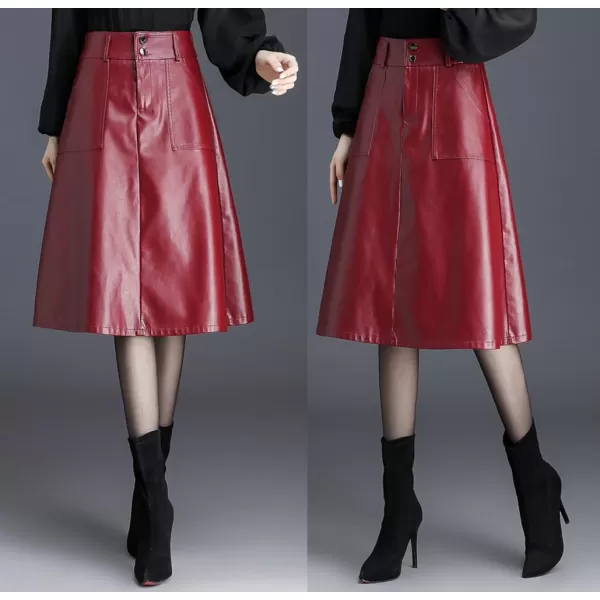 imagechouyatou Womens Casual High Waist Pu Leather Skirts ALine Faux Leather Midi Long Skirt with PocketsRed