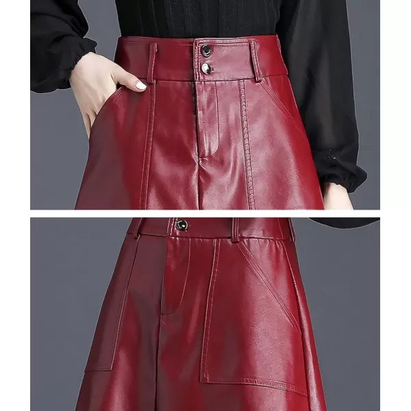 imagechouyatou Womens Casual High Waist Pu Leather Skirts ALine Faux Leather Midi Long Skirt with PocketsRed