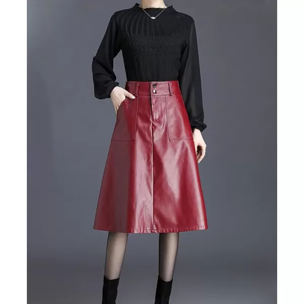 imagechouyatou Womens Casual High Waist Pu Leather Skirts ALine Faux Leather Midi Long Skirt with PocketsRed