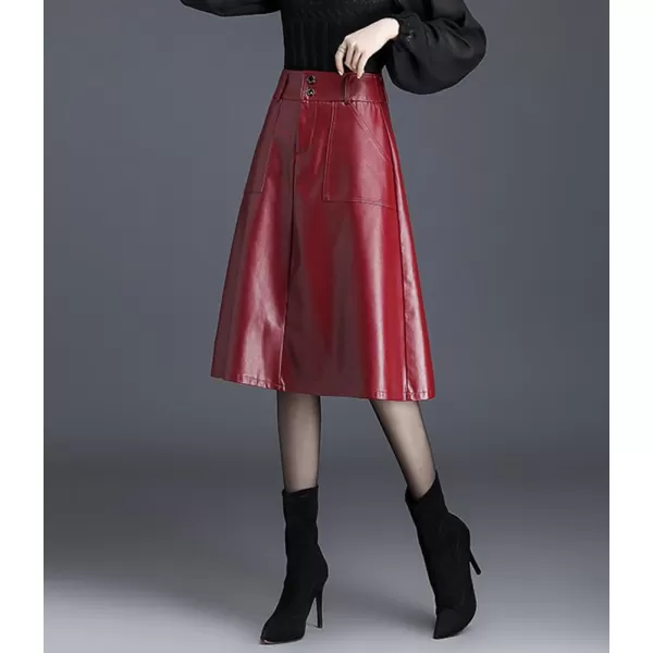 imagechouyatou Womens Casual High Waist Pu Leather Skirts ALine Faux Leather Midi Long Skirt with PocketsRed