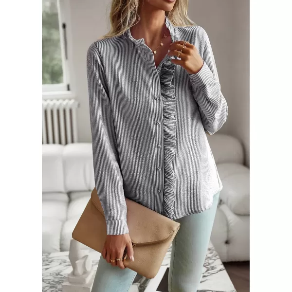 imagechouyatou Womens Casual Loose Fit Long Sleeve Solid Striped Button Down Ruffle Babydoll Shirt Blouse TopsBlack Stripe