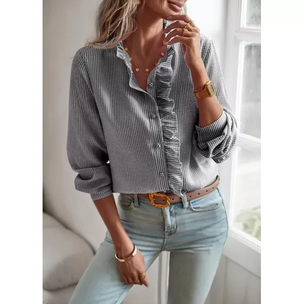 imagechouyatou Womens Casual Loose Fit Long Sleeve Solid Striped Button Down Ruffle Babydoll Shirt Blouse TopsBlack Stripe