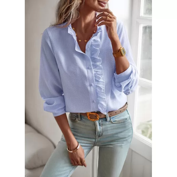 imagechouyatou Womens Casual Loose Fit Long Sleeve Solid Striped Button Down Ruffle Babydoll Shirt Blouse TopsBlue Stripe
