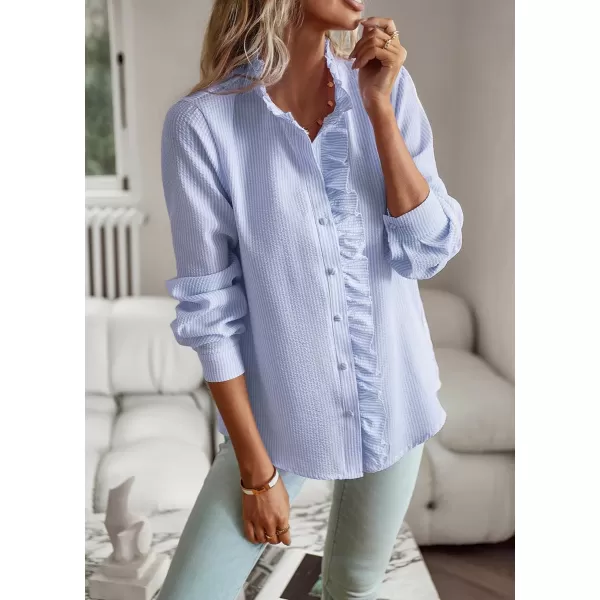imagechouyatou Womens Casual Loose Fit Long Sleeve Solid Striped Button Down Ruffle Babydoll Shirt Blouse TopsBlue Stripe
