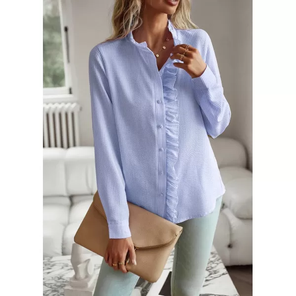 imagechouyatou Womens Casual Loose Fit Long Sleeve Solid Striped Button Down Ruffle Babydoll Shirt Blouse TopsBlue Stripe