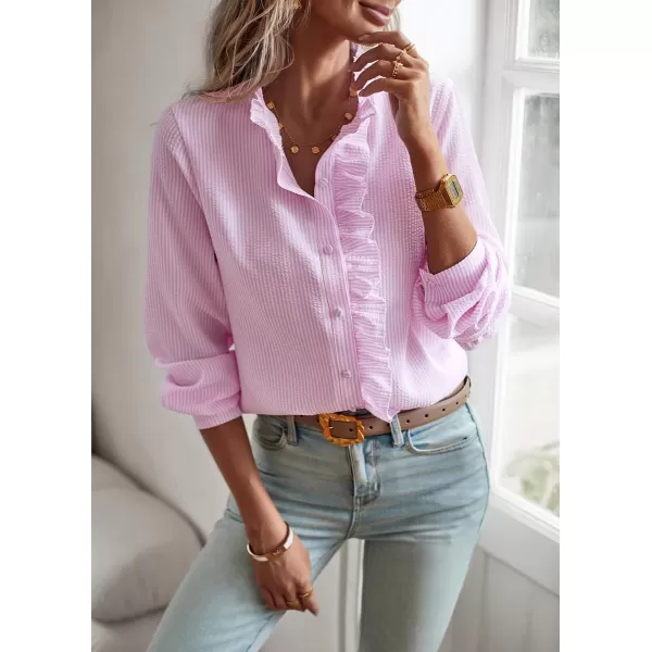 imagechouyatou Womens Casual Loose Fit Long Sleeve Solid Striped Button Down Ruffle Babydoll Shirt Blouse TopsPink Stripe