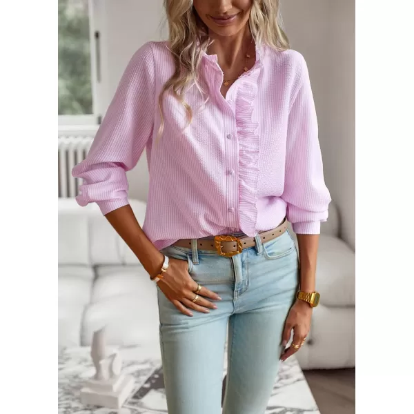 imagechouyatou Womens Casual Loose Fit Long Sleeve Solid Striped Button Down Ruffle Babydoll Shirt Blouse TopsPink Stripe