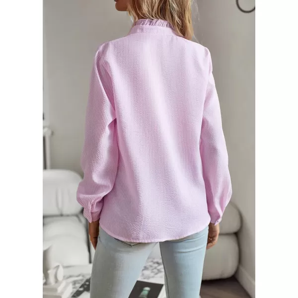 imagechouyatou Womens Casual Loose Fit Long Sleeve Solid Striped Button Down Ruffle Babydoll Shirt Blouse TopsPink Stripe