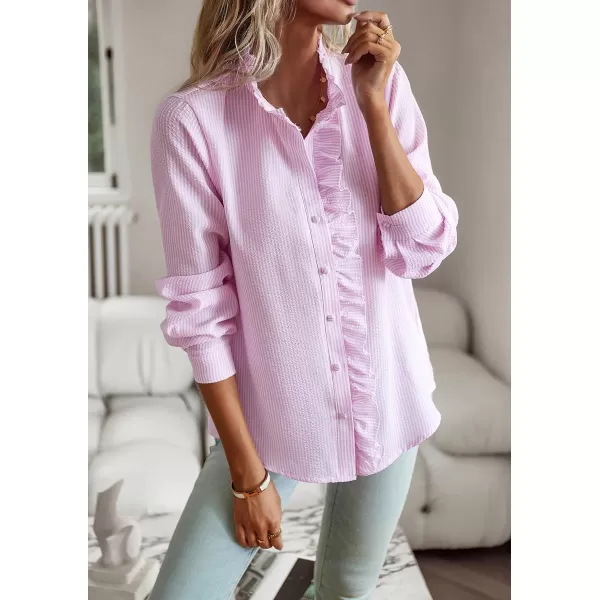 imagechouyatou Womens Casual Loose Fit Long Sleeve Solid Striped Button Down Ruffle Babydoll Shirt Blouse TopsPink Stripe