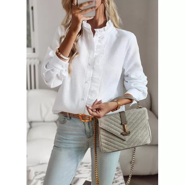 imagechouyatou Womens Casual Loose Fit Long Sleeve Solid Striped Button Down Ruffle Babydoll Shirt Blouse TopsWhite