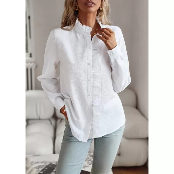 imagechouyatou Womens Casual Loose Fit Long Sleeve Solid Striped Button Down Ruffle Babydoll Shirt Blouse TopsWhite