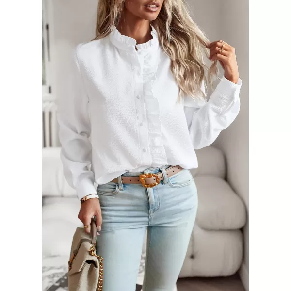 imagechouyatou Womens Casual Loose Fit Long Sleeve Solid Striped Button Down Ruffle Babydoll Shirt Blouse TopsWhite