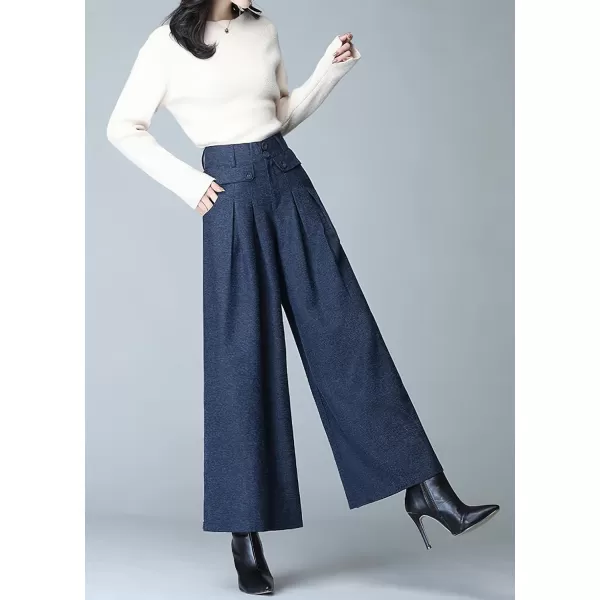 imagechouyatou Womens Casual Wide Leg Wool Blend Pants Baggy Culotte Elastic Waist Loose Trousers with BeltBlue