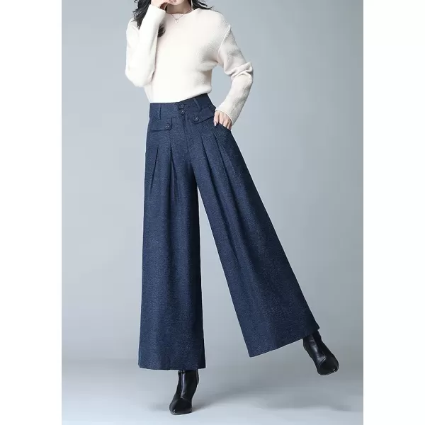 imagechouyatou Womens Casual Wide Leg Wool Blend Pants Baggy Culotte Elastic Waist Loose Trousers with BeltBlue