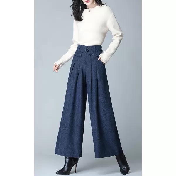 imagechouyatou Womens Casual Wide Leg Wool Blend Pants Baggy Culotte Elastic Waist Loose Trousers with BeltBlue
