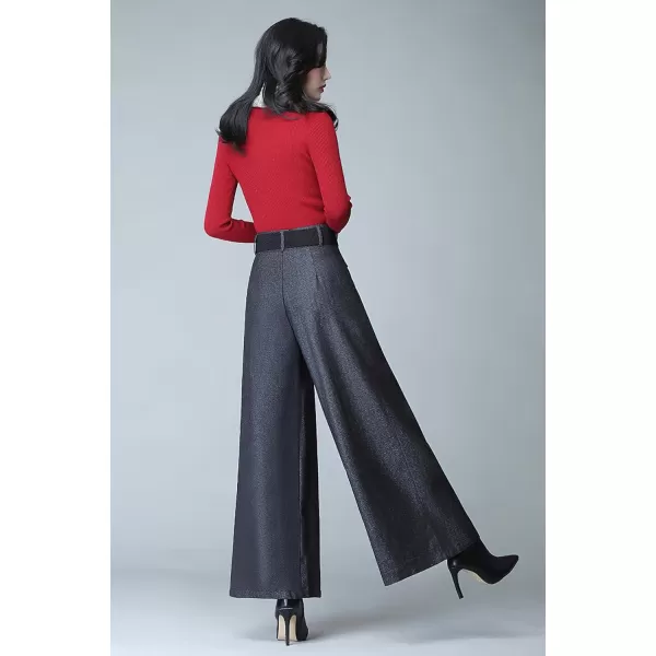 imagechouyatou Womens Casual Wide Leg Wool Blend Pants Baggy Culotte Elastic Waist Loose Trousers with BeltDark Grey