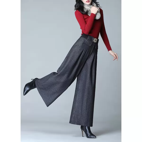 imagechouyatou Womens Casual Wide Leg Wool Blend Pants Baggy Culotte Elastic Waist Loose Trousers with BeltDark Grey