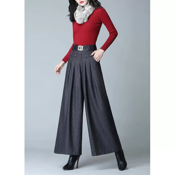 imagechouyatou Womens Casual Wide Leg Wool Blend Pants Baggy Culotte Elastic Waist Loose Trousers with BeltDark Grey