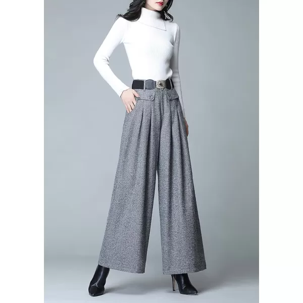 imagechouyatou Womens Casual Wide Leg Wool Blend Pants Baggy Culotte Elastic Waist Loose Trousers with BeltLight Grey