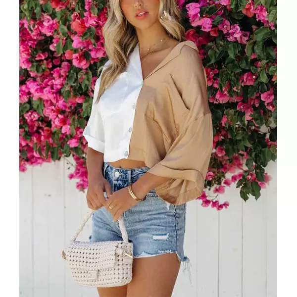 imagechouyatou Womens Color Block Short Sleeve Button Down Notched Lapel Business Casual Crop Blouse Shirt TopsBrown White