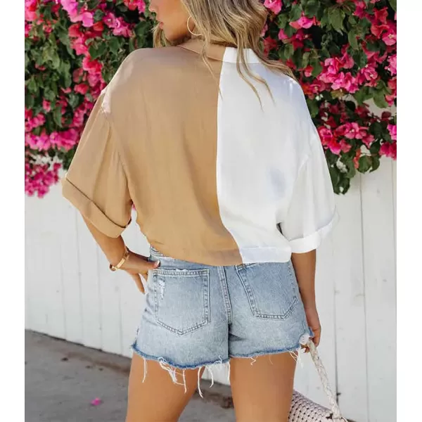 imagechouyatou Womens Color Block Short Sleeve Button Down Notched Lapel Business Casual Crop Blouse Shirt TopsBrown White