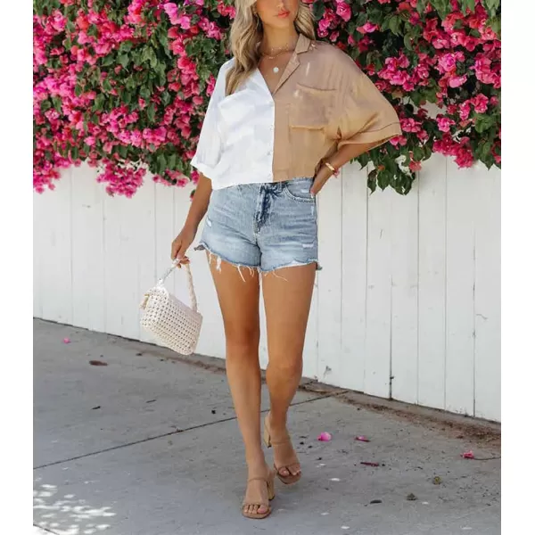 imagechouyatou Womens Color Block Short Sleeve Button Down Notched Lapel Business Casual Crop Blouse Shirt TopsBrown White