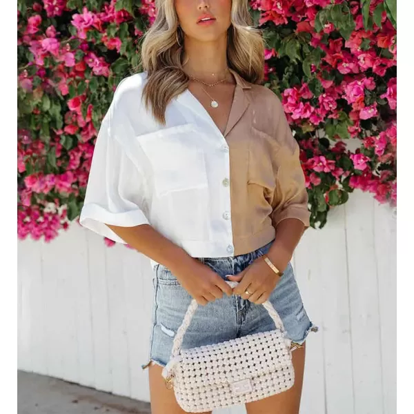 imagechouyatou Womens Color Block Short Sleeve Button Down Notched Lapel Business Casual Crop Blouse Shirt TopsBrown White