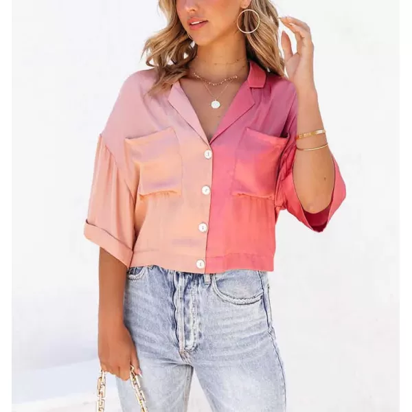 imagechouyatou Womens Color Block Short Sleeve Button Down Notched Lapel Business Casual Crop Blouse Shirt TopsRose Red