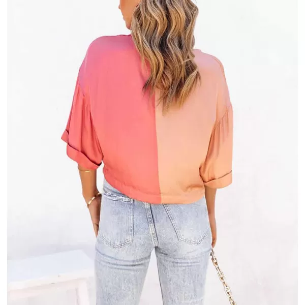imagechouyatou Womens Color Block Short Sleeve Button Down Notched Lapel Business Casual Crop Blouse Shirt TopsRose Red