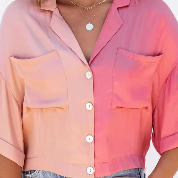 imagechouyatou Womens Color Block Short Sleeve Button Down Notched Lapel Business Casual Crop Blouse Shirt TopsRose Red