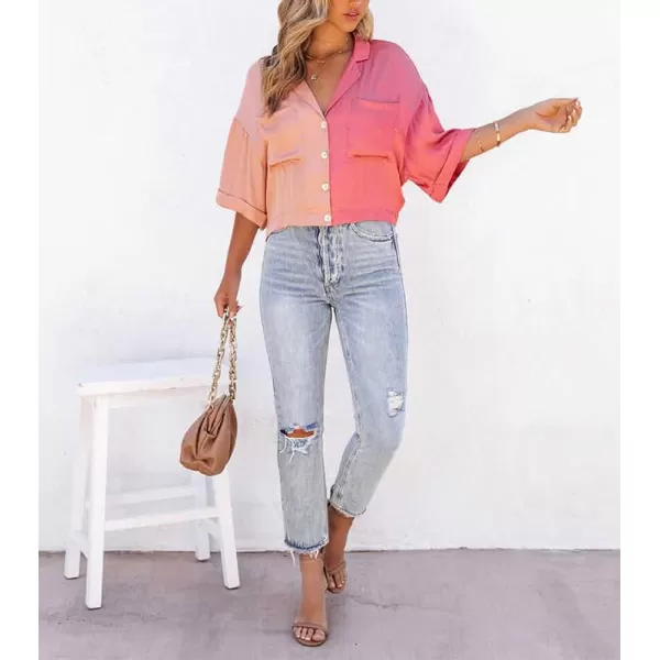 imagechouyatou Womens Color Block Short Sleeve Button Down Notched Lapel Business Casual Crop Blouse Shirt TopsRose Red