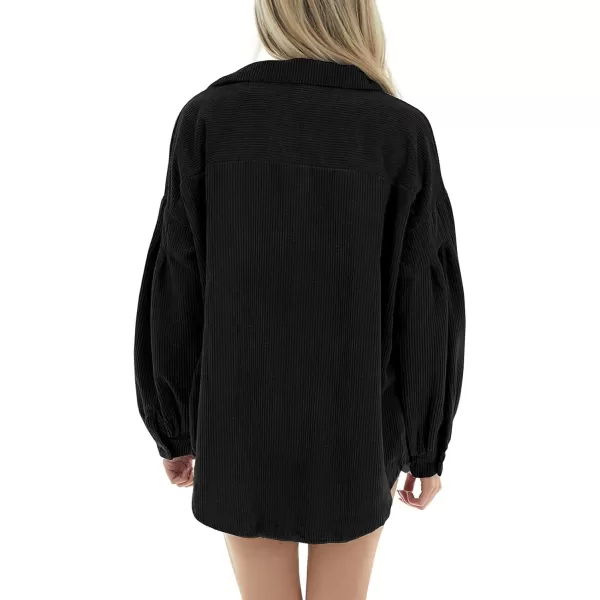 imagechouyatou Womens Corduroy Button Down Shirt Casual Long Lantern Sleeve Blouse Shacket TopsBlack