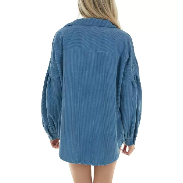 imagechouyatou Womens Corduroy Button Down Shirt Casual Long Lantern Sleeve Blouse Shacket TopsBlue