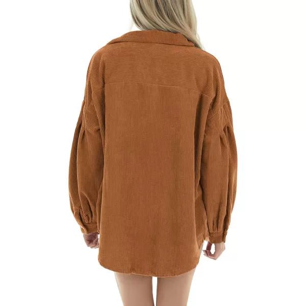 imagechouyatou Womens Corduroy Button Down Shirt Casual Long Lantern Sleeve Blouse Shacket TopsCaramel