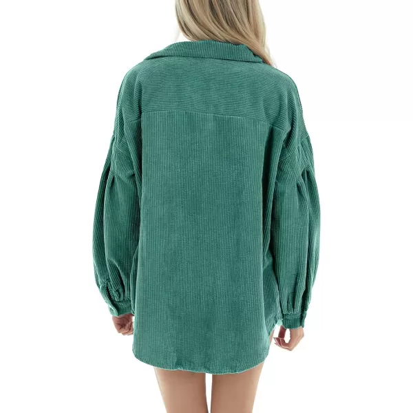 imagechouyatou Womens Corduroy Button Down Shirt Casual Long Lantern Sleeve Blouse Shacket TopsGreen