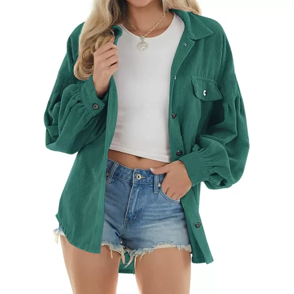 imagechouyatou Womens Corduroy Button Down Shirt Casual Long Lantern Sleeve Blouse Shacket TopsGreen