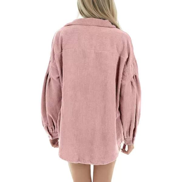 imagechouyatou Womens Corduroy Button Down Shirt Casual Long Lantern Sleeve Blouse Shacket TopsPink
