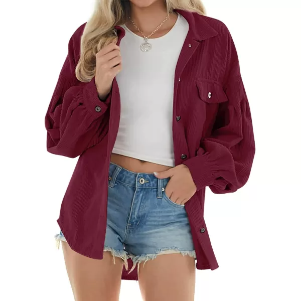 imagechouyatou Womens Corduroy Button Down Shirt Casual Long Lantern Sleeve Blouse Shacket TopsWine Red