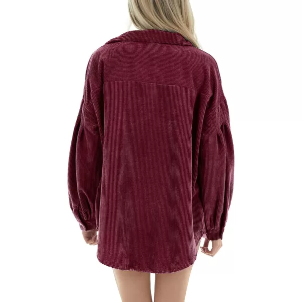 imagechouyatou Womens Corduroy Button Down Shirt Casual Long Lantern Sleeve Blouse Shacket TopsWine Red