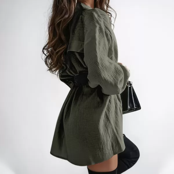 imagechouyatou Womens Cotton Midi Long Button Down Shirt Long Sleeve Loose Casual Work Blouse Top with TieArmy Green